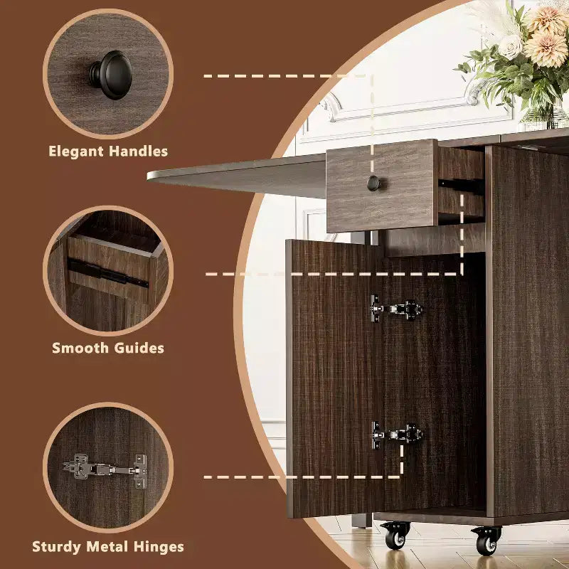 59'' Folding Table No Assembly Required, Rectangular Wooden Extendable Dinning Table With Wheels And Storage