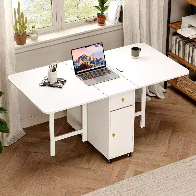59'' Folding Table No Assembly Required, Rectangular Wooden Extendable Dinning Table With Wheels And Storage