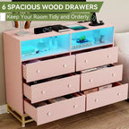 Wide Wood 6-Drawer Dresser w/ Plug-in USB Hub & LED Light, Steel Frame Storage Chest for Living Room, Bedroom, Entryway