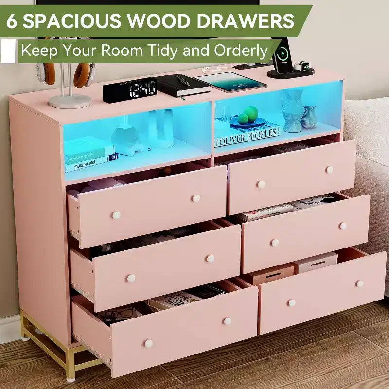 Wide Wood 6-Drawer Dresser w/ Plug-in USB Hub & LED Light, Steel Frame Storage Chest for Living Room, Bedroom, Entryway
