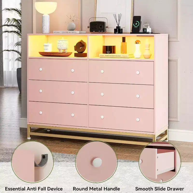 Wide Wood 6-Drawer Dresser w/ Plug-in USB Hub & LED Light, Steel Frame Storage Chest for Living Room, Bedroom, Entryway