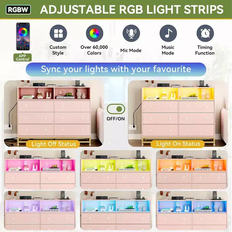 Wide Wood 6-Drawer Dresser w/ Plug-in USB Hub & LED Light, Steel Frame Storage Chest for Living Room, Bedroom, Entryway