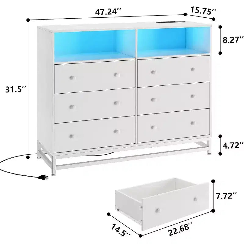 Wide Wood 6-Drawer Dresser w/ Plug-in USB Hub & LED Light, Steel Frame Storage Chest for Living Room, Bedroom, Entryway