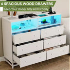Wide Wood 6-Drawer Dresser w/ Plug-in USB Hub & LED Light, Steel Frame Storage Chest for Living Room, Bedroom, Entryway