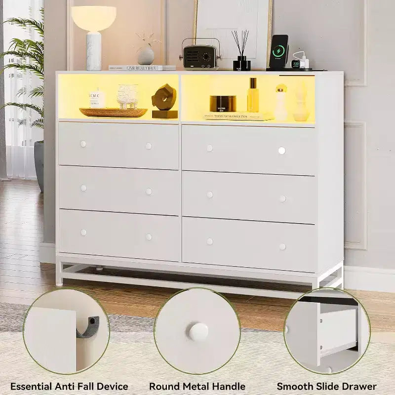 Wide Wood 6-Drawer Dresser w/ Plug-in USB Hub & LED Light, Steel Frame Storage Chest for Living Room, Bedroom, Entryway