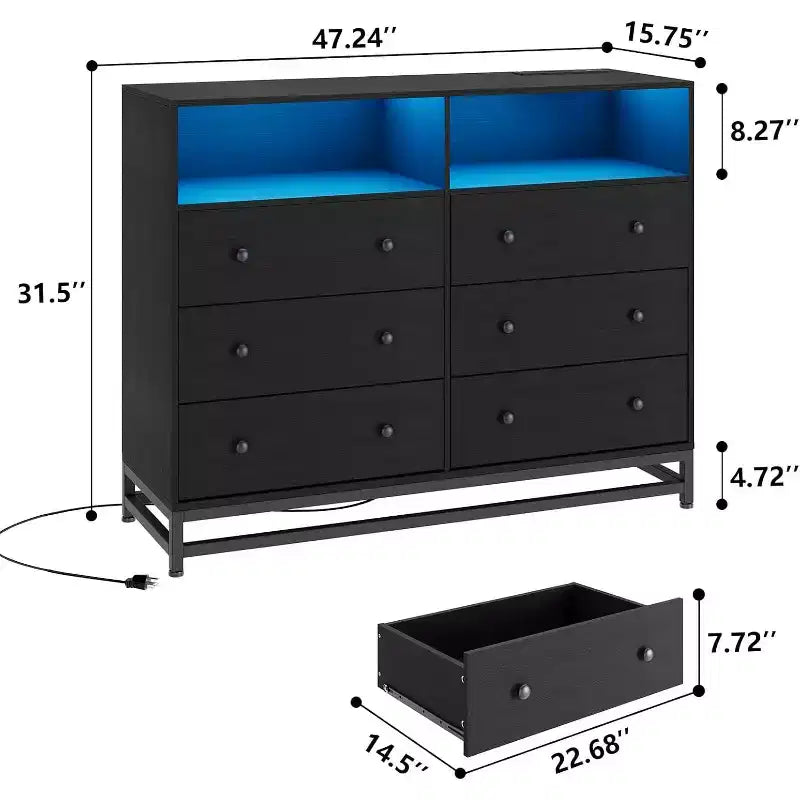 Wide Wood 6-Drawer Dresser w/ Plug-in USB Hub & LED Light, Steel Frame Storage Chest for Living Room, Bedroom, Entryway