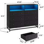 Wide Wood 6-Drawer Dresser w/ Plug-in USB Hub & LED Light, Steel Frame Storage Chest for Living Room, Bedroom, Entryway