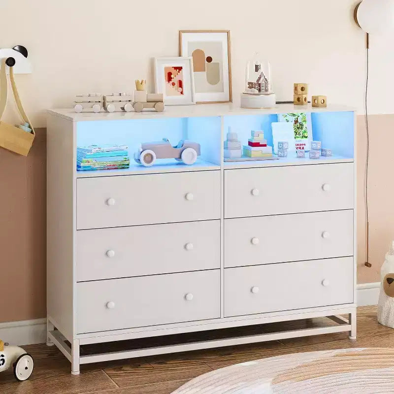 Wide Wood 6-Drawer Dresser w/ Plug-in USB Hub & LED Light, Steel Frame Storage Chest for Living Room, Bedroom, Entryway