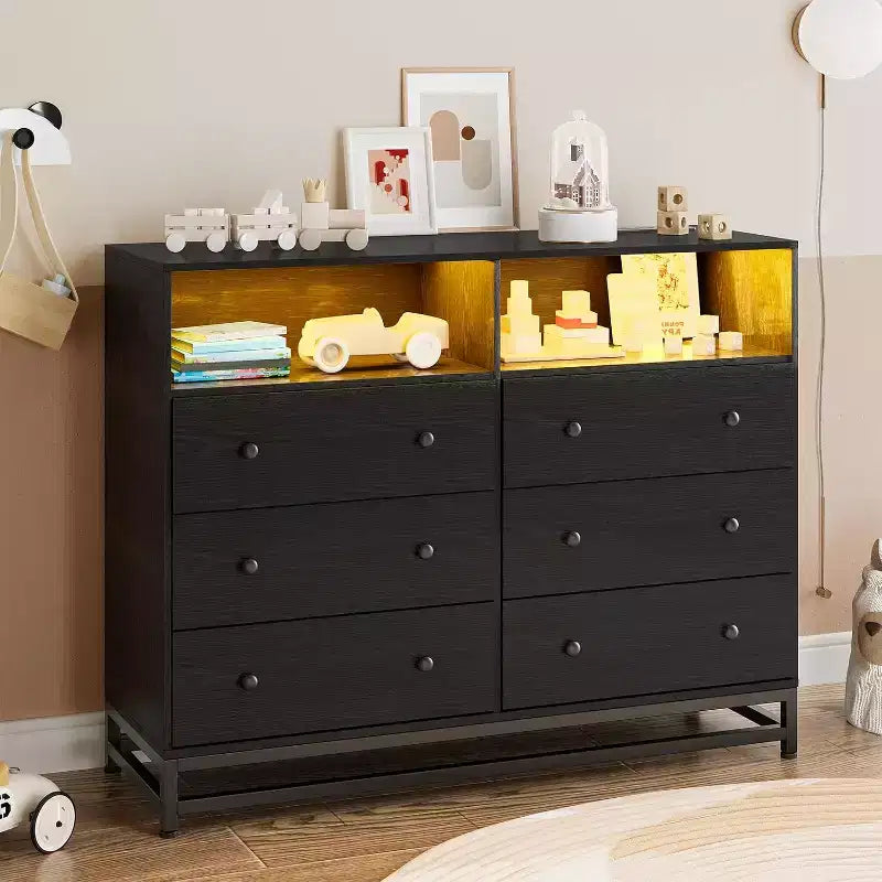 Wide Wood 6-Drawer Dresser w/ Plug-in USB Hub & LED Light, Steel Frame Storage Chest for Living Room, Bedroom, Entryway