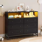 Wide Wood 6-Drawer Dresser w/ Plug-in USB Hub & LED Light, Steel Frame Storage Chest for Living Room, Bedroom, Entryway