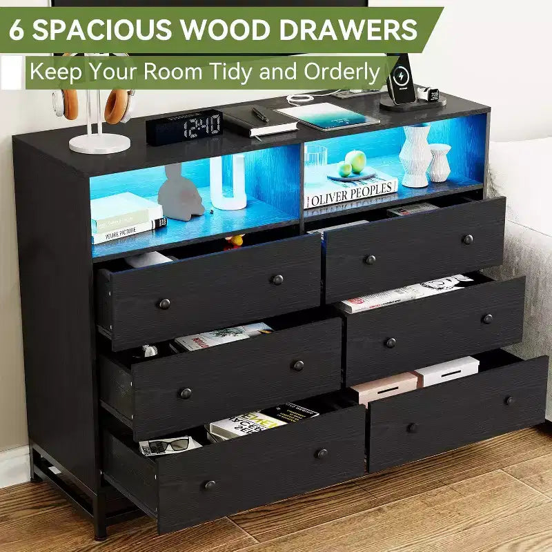 Wide Wood 6-Drawer Dresser w/ Plug-in USB Hub & LED Light, Steel Frame Storage Chest for Living Room, Bedroom, Entryway