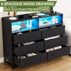 Wide Wood 6-Drawer Dresser w/ Plug-in USB Hub & LED Light, Steel Frame Storage Chest for Living Room, Bedroom, Entryway
