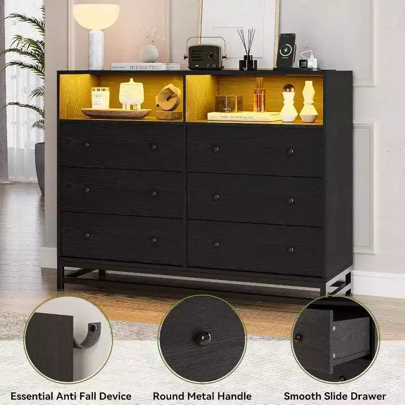 Wide Wood 6-Drawer Dresser w/ Plug-in USB Hub & LED Light, Steel Frame Storage Chest for Living Room, Bedroom, Entryway