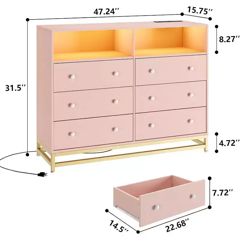 Wide Wood 6-Drawer Dresser w/ Plug-in USB Hub & LED Light, Steel Frame Storage Chest for Living Room, Bedroom, Entryway