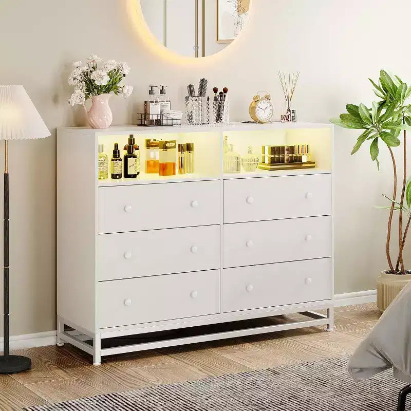 Wide Wood 6-Drawer Dresser w/ Plug-in USB Hub & LED Light, Steel Frame Storage Chest for Living Room, Bedroom, Entryway