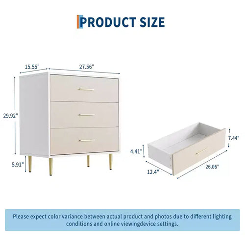 3 Drawer Dresser with Gold Handles and Legs, Wooden Nightstand with Linen-Textured Surface, White Chest of Drawers, Accent Cabinet End Table