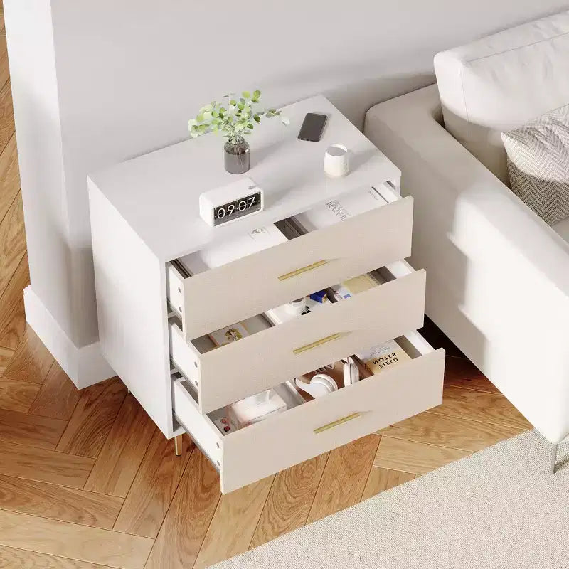 3 Drawer Dresser with Gold Handles and Legs, Wooden Nightstand with Linen-Textured Surface, White Chest of Drawers, Accent Cabinet End Table