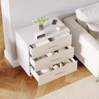 3 Drawer Dresser with Gold Handles and Legs, Wooden Nightstand with Linen-Textured Surface, White Chest of Drawers, Accent Cabinet End Table