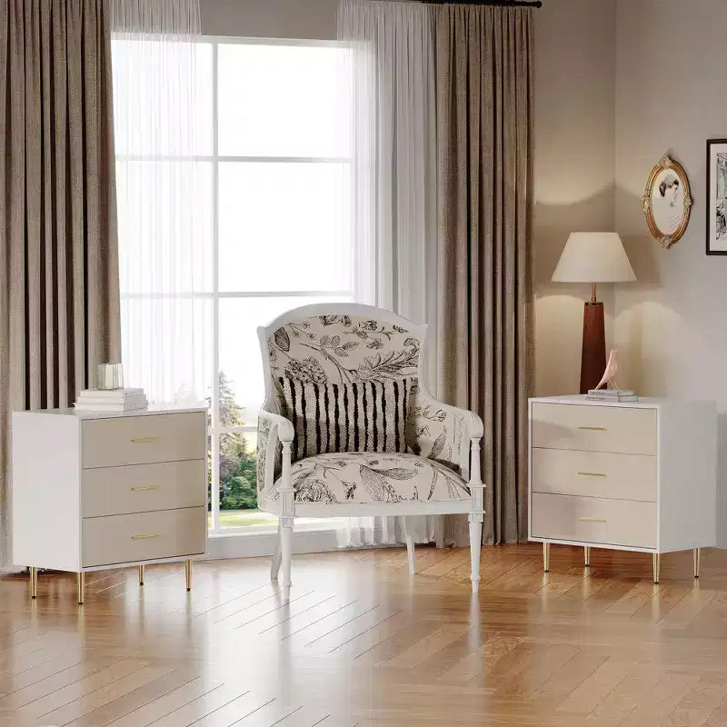 3 Drawer Dresser with Gold Handles and Legs, Wooden Nightstand with Linen-Textured Surface, White Chest of Drawers, Accent Cabinet End Table