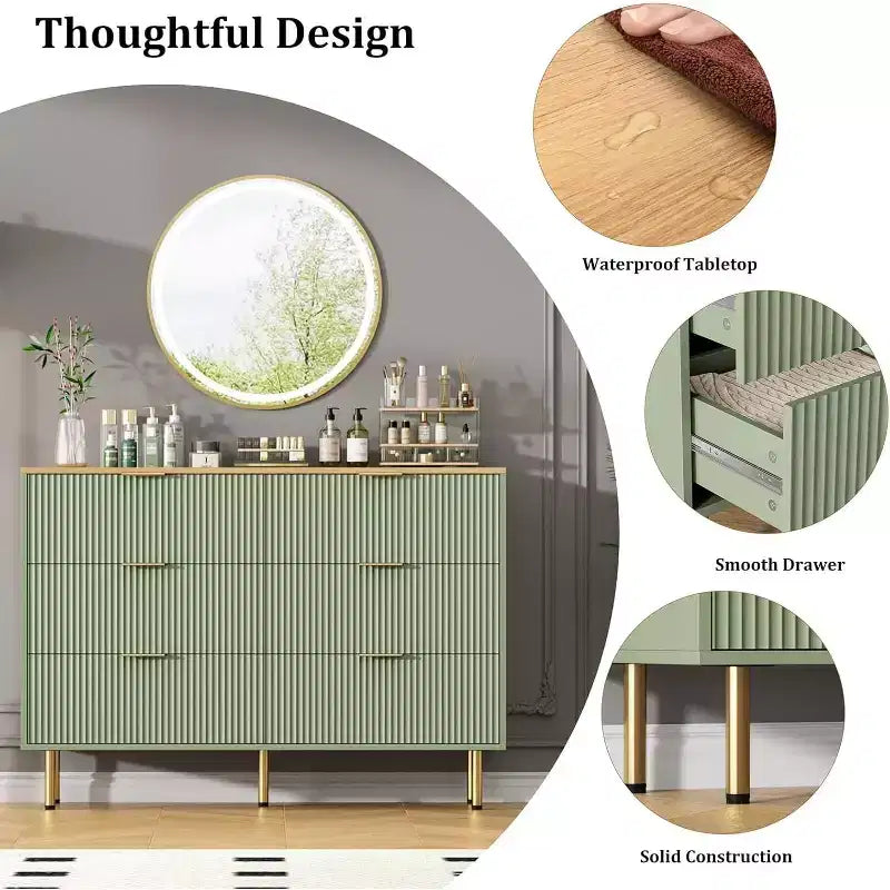 6-Drawer Dresser, Wooden Chest of Drawers, Modern Storage Fluted Panel Design Dressers for Living Room, Bedroom, Closet, Hallway, Entryway