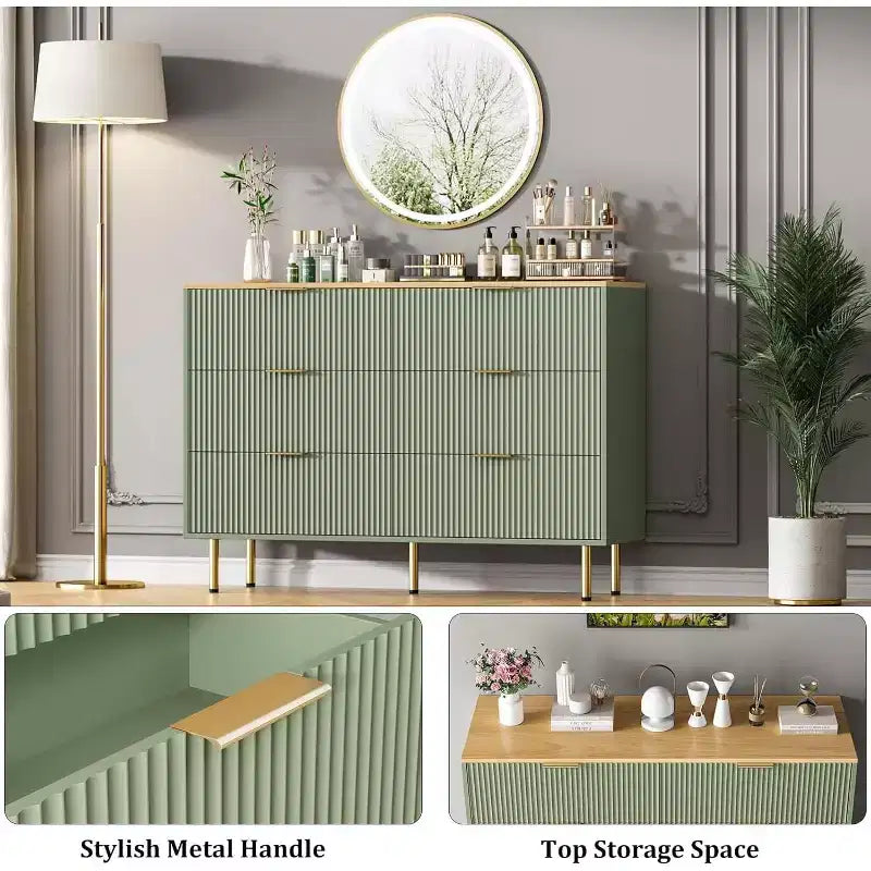6-Drawer Dresser, Wooden Chest of Drawers, Modern Storage Fluted Panel Design Dressers for Living Room, Bedroom, Closet, Hallway, Entryway