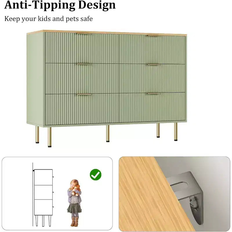 6-Drawer Dresser, Wooden Chest of Drawers, Modern Storage Fluted Panel Design Dressers for Living Room, Bedroom, Closet, Hallway, Entryway