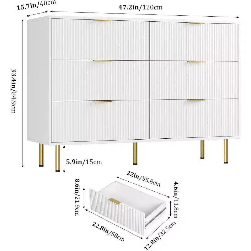 6-Drawer Dresser, Wooden Chest of Drawers, Modern Storage Fluted Panel Design Dressers for Living Room, Bedroom, Closet, Hallway, Entryway
