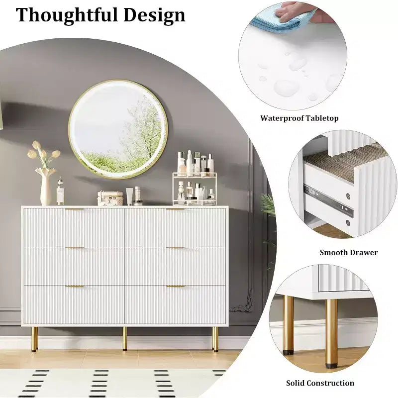 6-Drawer Dresser, Wooden Chest of Drawers, Modern Storage Fluted Panel Design Dressers for Living Room, Bedroom, Closet, Hallway, Entryway
