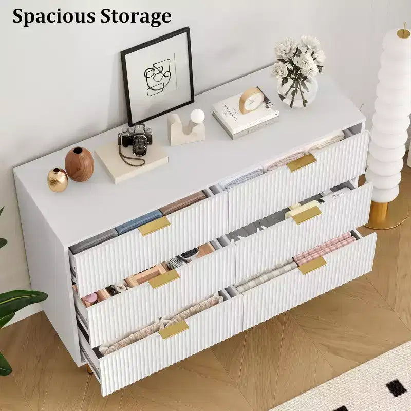 6-Drawer Dresser, Wooden Chest of Drawers, Modern Storage Fluted Panel Design Dressers for Living Room, Bedroom, Closet, Hallway, Entryway