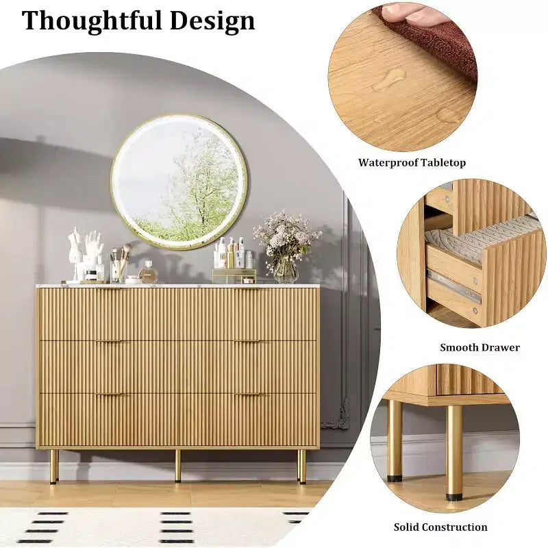 6-Drawer Dresser, Wooden Chest of Drawers, Modern Storage Fluted Panel Design Dressers for Living Room, Bedroom, Closet, Hallway, Entryway