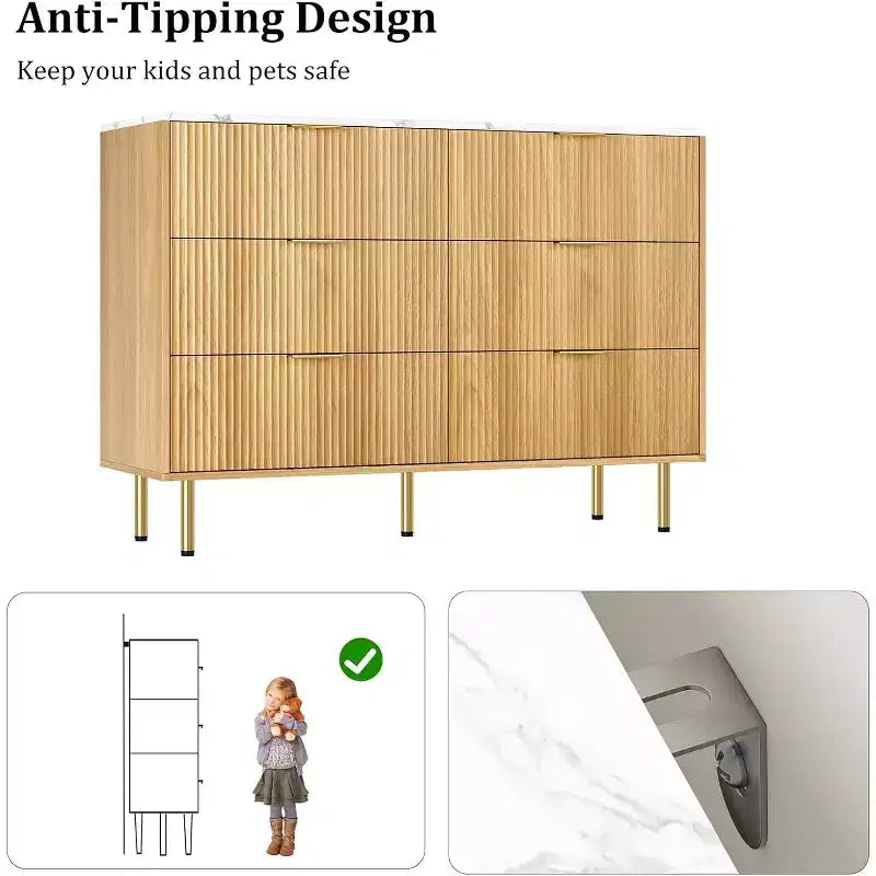 6-Drawer Dresser, Wooden Chest of Drawers, Modern Storage Fluted Panel Design Dressers for Living Room, Bedroom, Closet, Hallway, Entryway