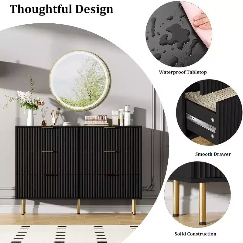 6-Drawer Dresser, Wooden Chest of Drawers, Modern Storage Fluted Panel Design Dressers for Living Room, Bedroom, Closet, Hallway, Entryway