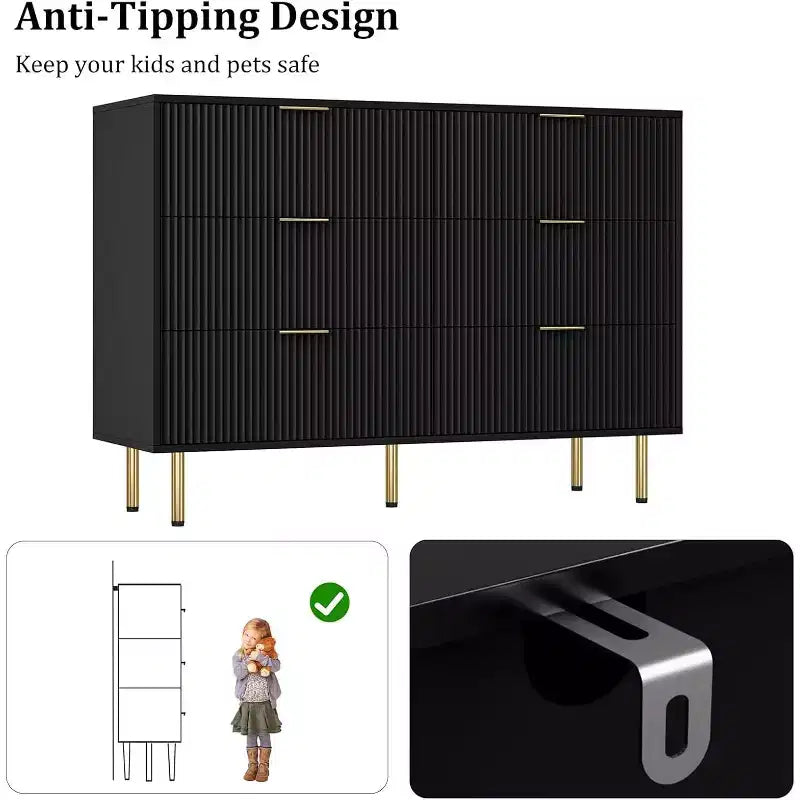 6-Drawer Dresser, Wooden Chest of Drawers, Modern Storage Fluted Panel Design Dressers for Living Room, Bedroom, Closet, Hallway, Entryway