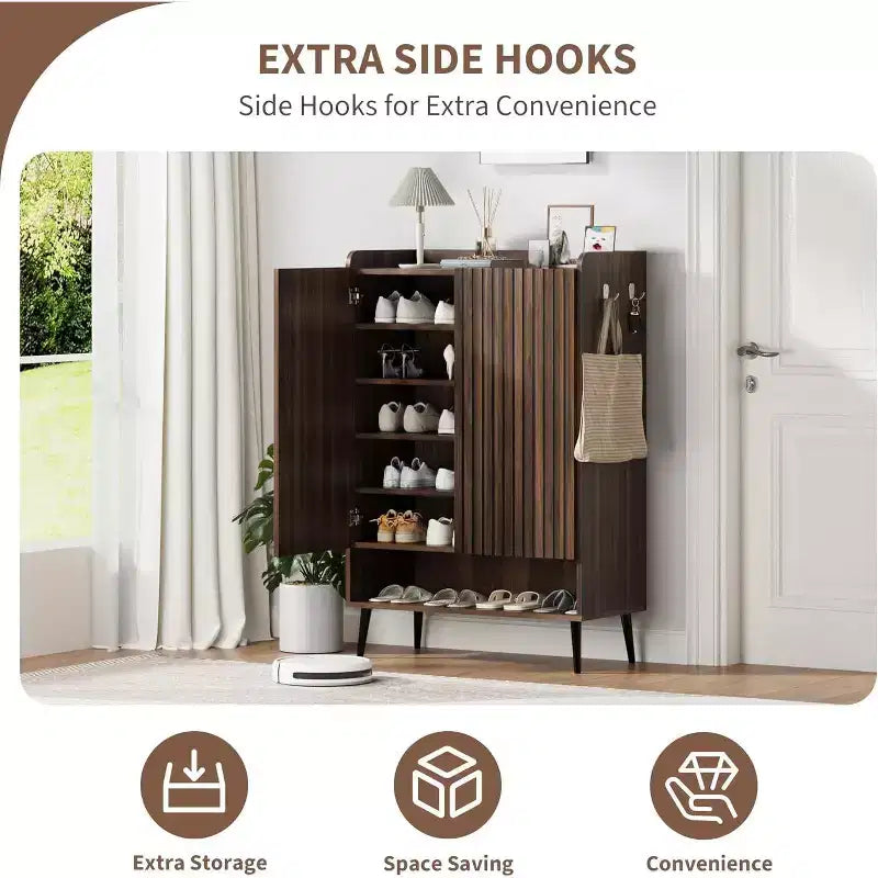 Shoe Cabinet with 2 Doors and Adjustable shelves, Modern 6-Tier Shoe Organizer with Additional Hooks for Hallway, Entryway, Living Room