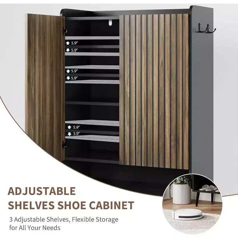 Shoe Cabinet with 2 Doors and Adjustable shelves, Modern 6-Tier Shoe Organizer with Additional Hooks for Hallway, Entryway, Living Room