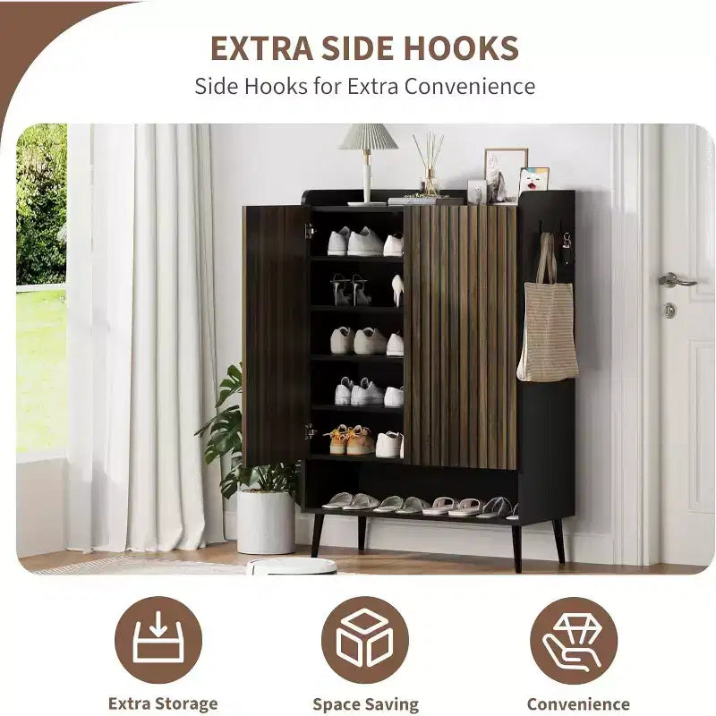 Shoe Cabinet with 2 Doors and Adjustable shelves, Modern 6-Tier Shoe Organizer with Additional Hooks for Hallway, Entryway, Living Room