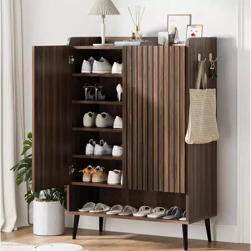 Shoe Cabinet with 2 Doors and Adjustable shelves, Modern 6-Tier Shoe Organizer with Additional Hooks for Hallway, Entryway, Living Room