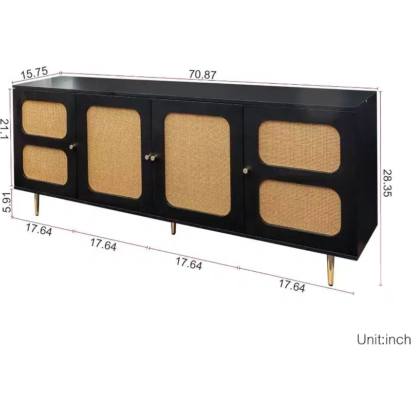 Sideboard Buffet Cabinet with Rattan Doors, Console Table Storage for Kitchen, Dining, Living Room, Hallway, Black