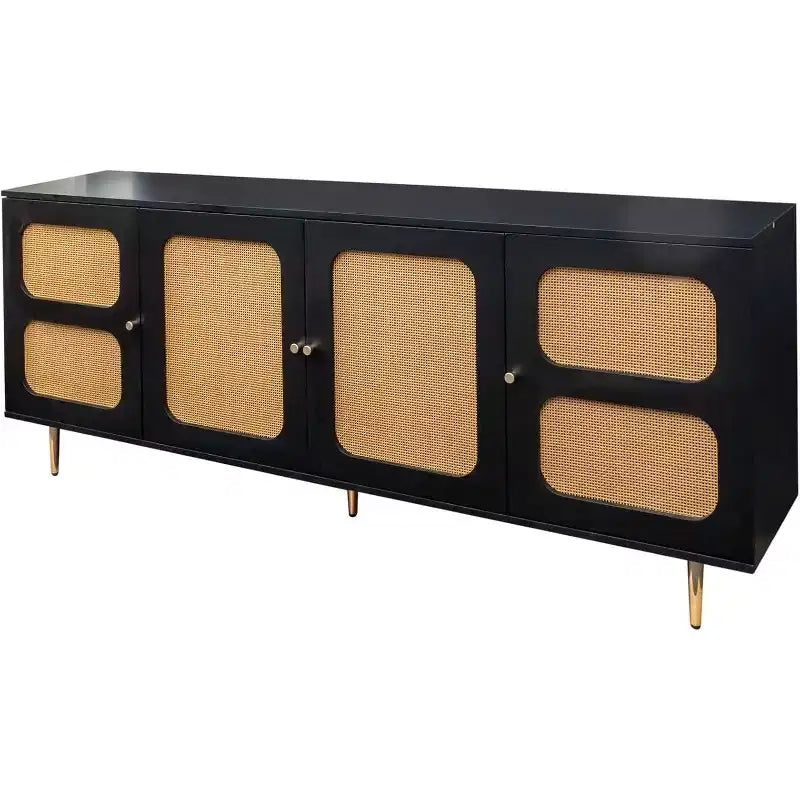 Sideboard Buffet Cabinet with Rattan Doors, Console Table Storage for Kitchen, Dining, Living Room, Hallway, Black