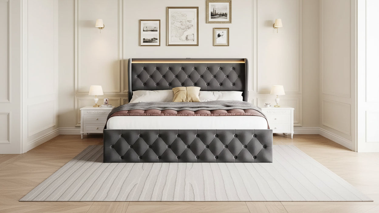 King Size Bed Frame with Button Wingback Headboard and 4 Drawers, Velvet Upholstered Platform Bed, No Box Spring Needed