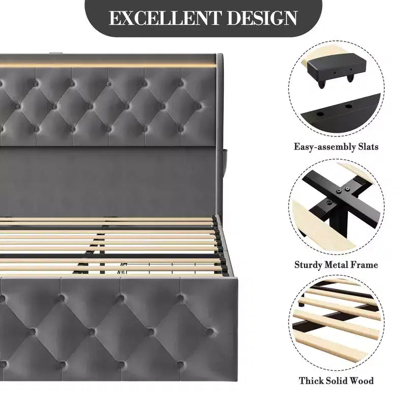 King Size Bed Frame with Button Wingback Headboard and 4 Drawers, Velvet Upholstered Platform Bed, No Box Spring Needed