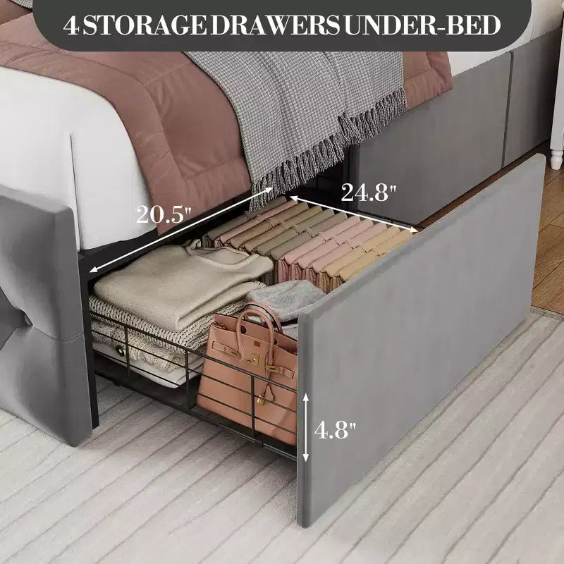 King Size Bed Frame with Button Wingback Headboard and 4 Drawers, Velvet Upholstered Platform Bed, No Box Spring Needed