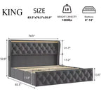 King Size Bed Frame with Button Wingback Headboard and 4 Drawers, Velvet Upholstered Platform Bed, No Box Spring Needed