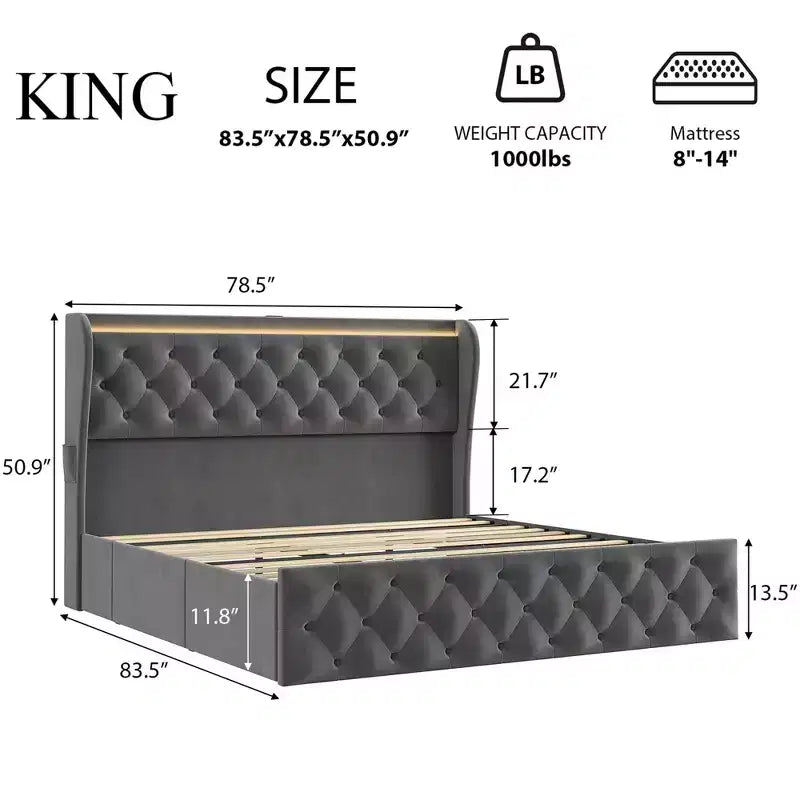 King Size Bed Frame with Button Wingback Headboard and 4 Drawers, Velvet Upholstered Platform Bed, No Box Spring Needed