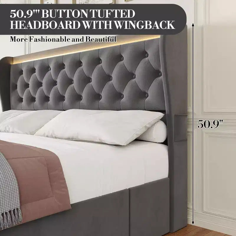 King Size Bed Frame with Button Wingback Headboard and 4 Drawers, Velvet Upholstered Platform Bed, No Box Spring Needed