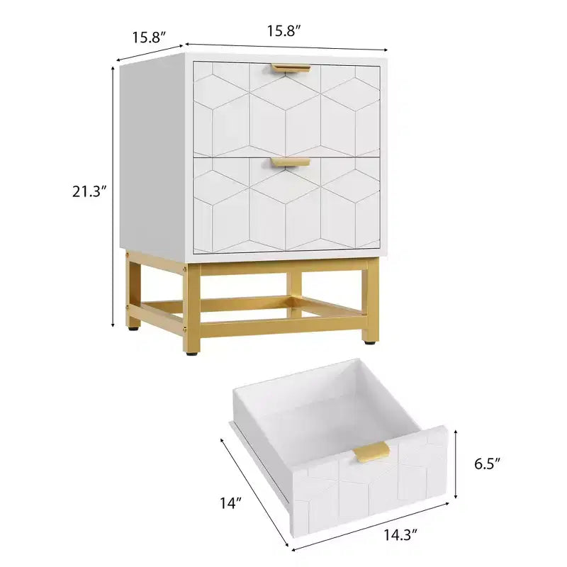 Small 2 Drawer Dresser with Gold Metal Base for Living Room, Hallway, Entryway, Nightstand