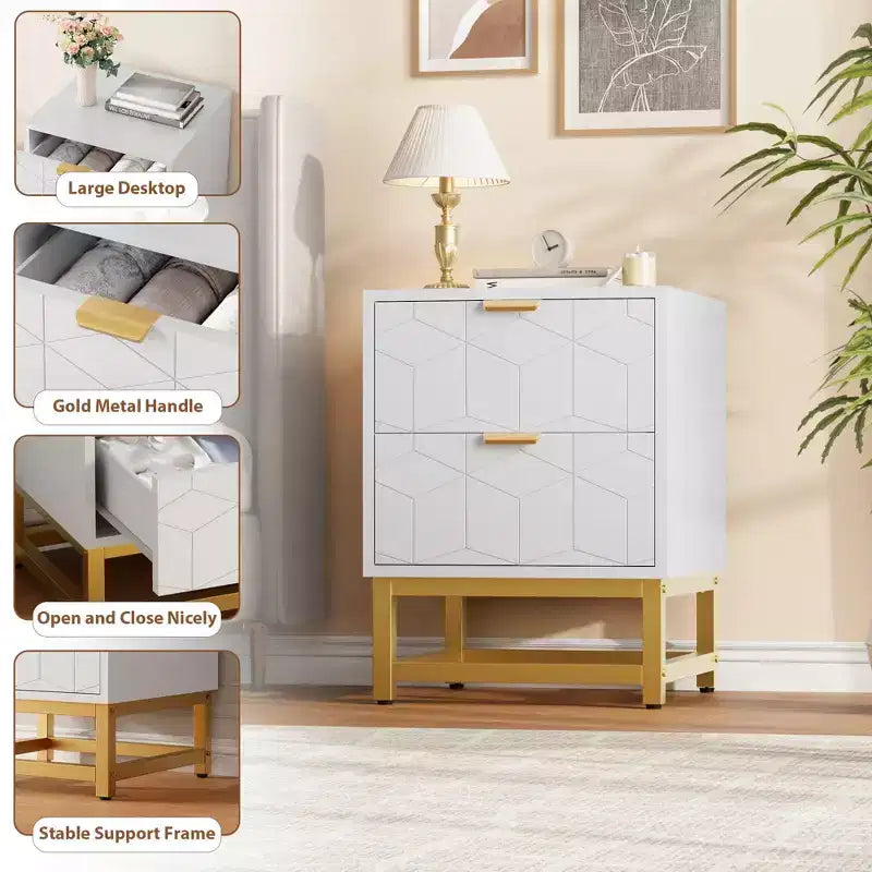 Small 2 Drawer Dresser with Gold Metal Base for Living Room, Hallway, Entryway, Nightstand