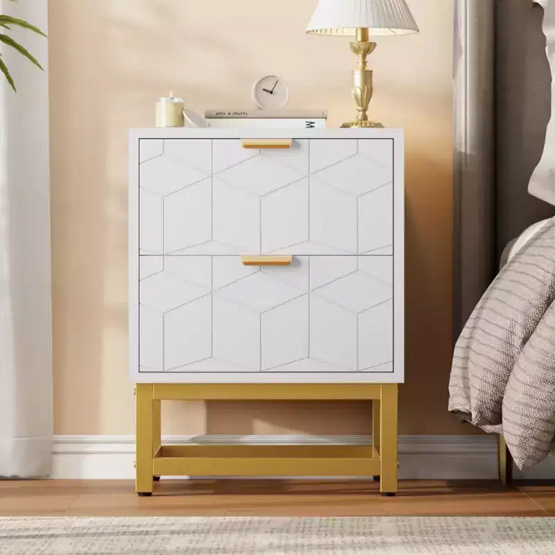 Small 2 Drawer Dresser with Gold Metal Base for Living Room, Hallway, Entryway, Nightstand