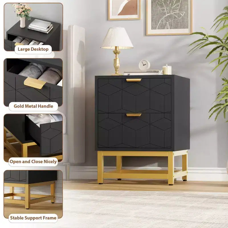Small 2 Drawer Dresser with Gold Metal Base for Living Room, Hallway, Entryway, Nightstand