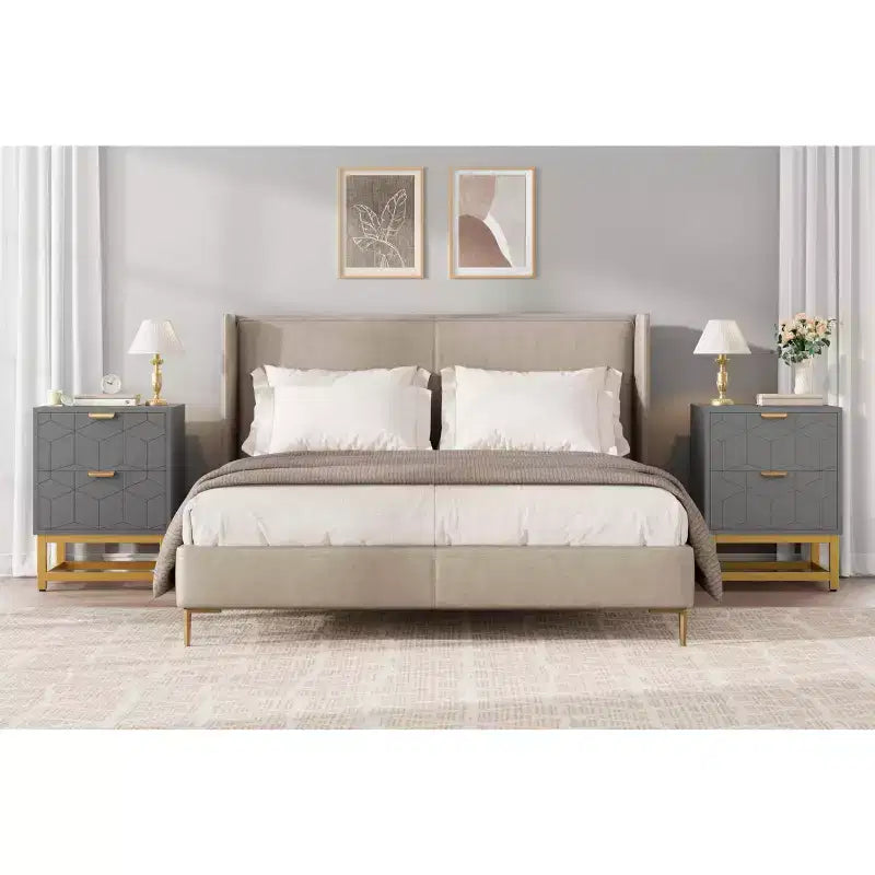 Small 2 Drawer Dresser with Gold Metal Base for Living Room, Hallway, Entryway, Nightstand